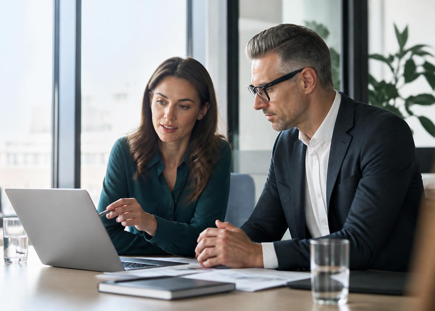 Two Harborstone consultants reviewing a client roadmap